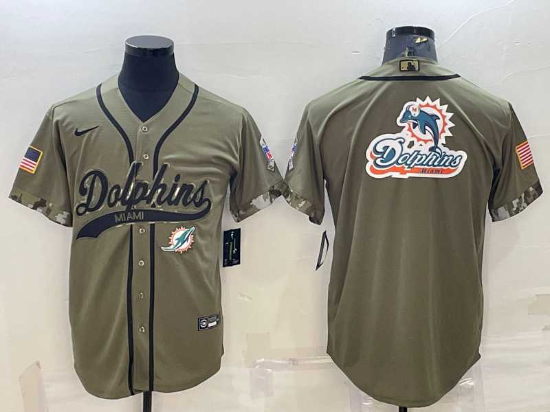 Men%27s Miami Dolphins Olive Salute to Service Team Big Logo Cool Base Stitched Baseball Jersey
